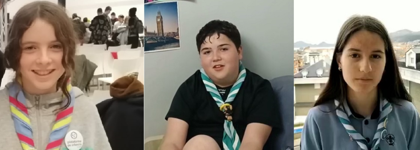 Las personas representantes de Scouts de España en EPIC: Aubane Fauthoux, Álvaro Irusta y Myriam Moreno.
